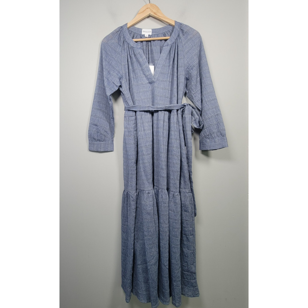 NWT Felicite Womens 1 Midi Maxi Belted Dress Cotton Semi Sheer Made In USA Blue